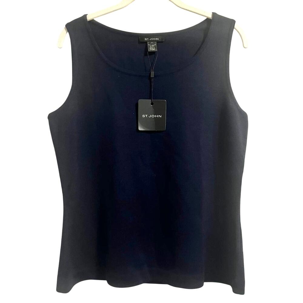 NWT St. John Navy Blue Sleeveless Knit Top Boat Neckline sz. S